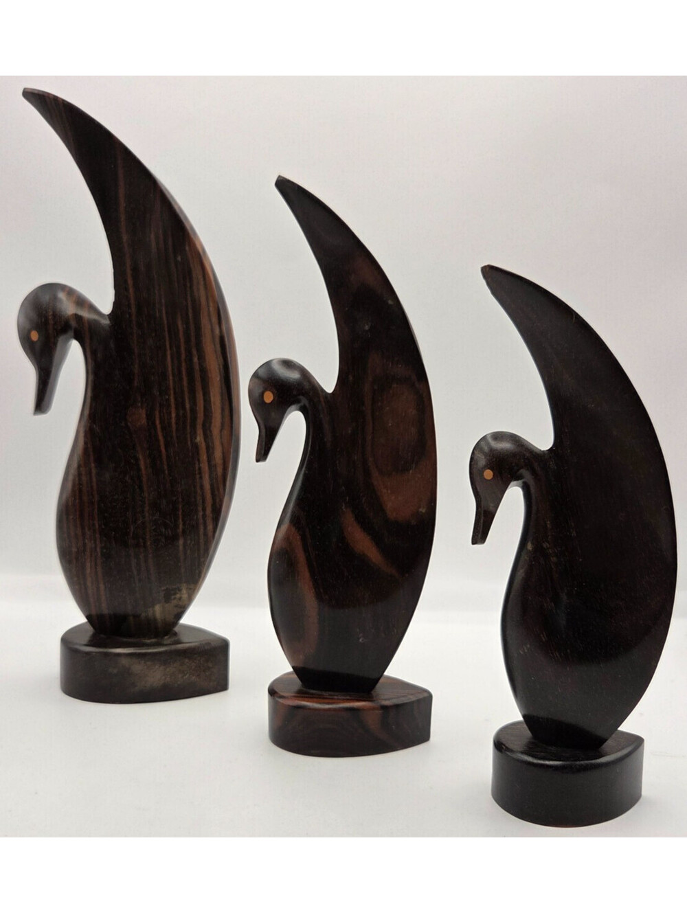 Set of 3 Vintage Wooden Swan Figurines Dark Wood Hand Carved Bird Decor